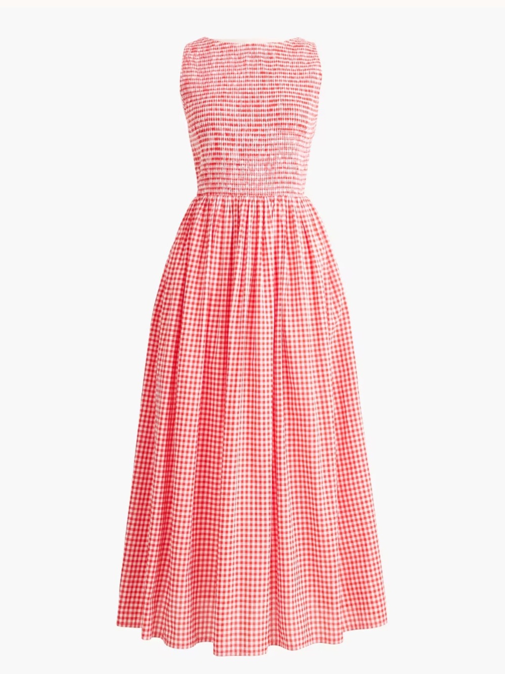 J. Crew | Red + White Gingham 100% Cotton Smocked Boatneck Sleeveless Midi Dress